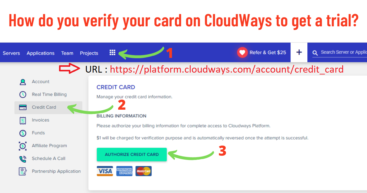 verify your card Cloudways get trial